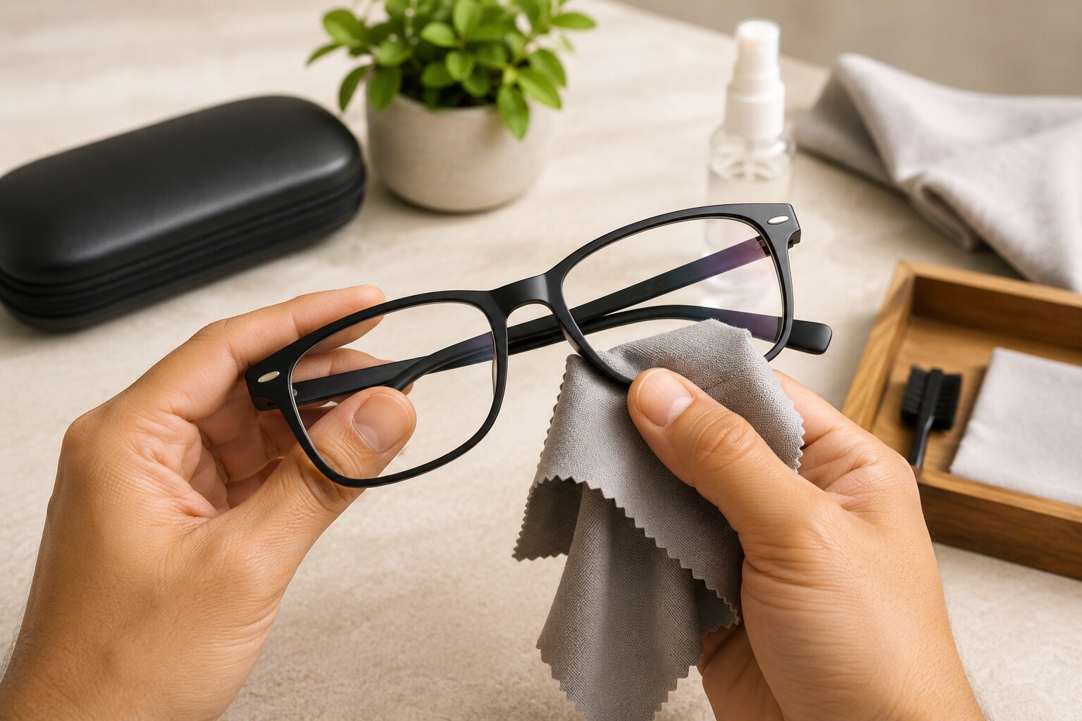 Mãos limpando a lente do óculos com flanela, kit de limpeza sobre a mesa