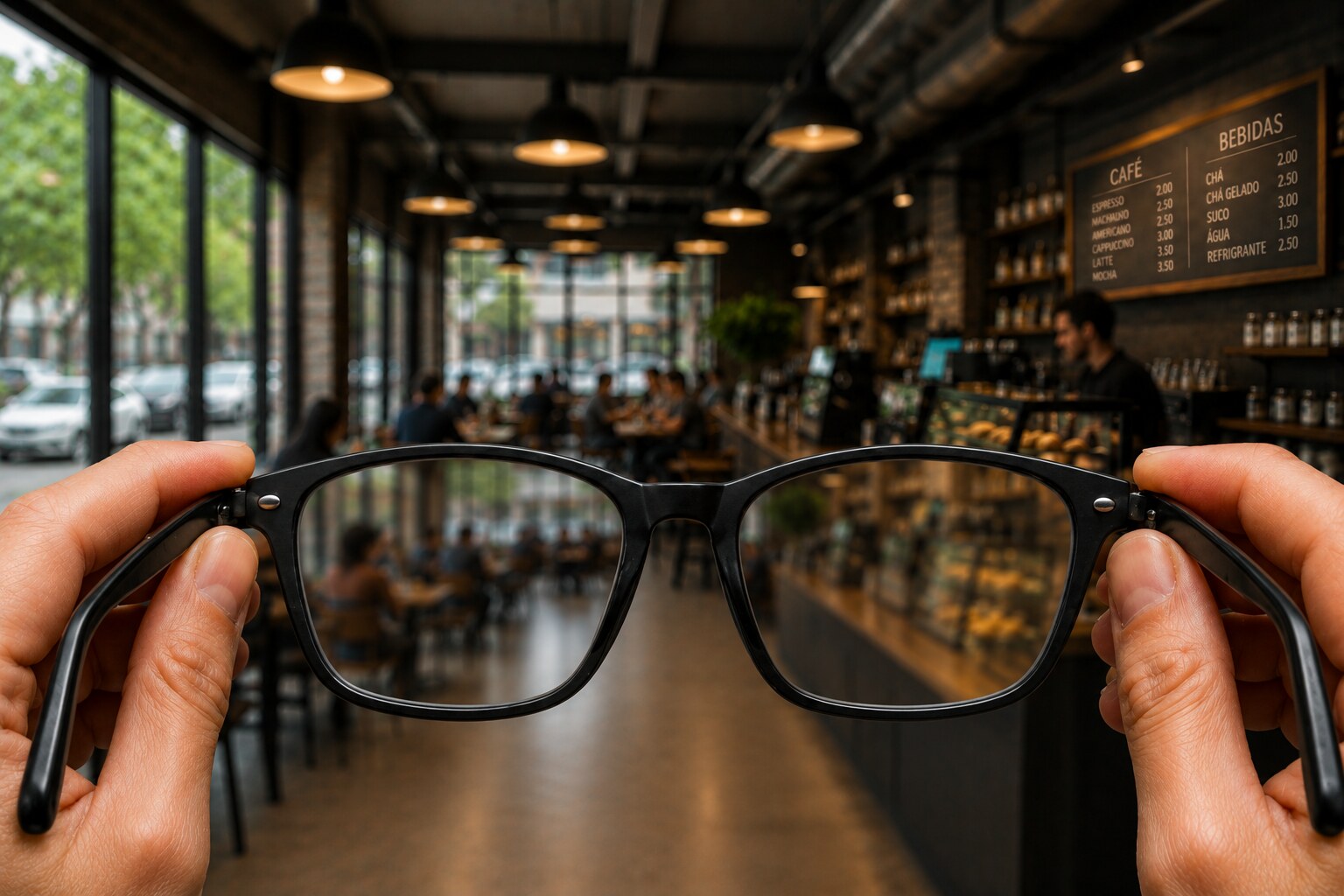 Visão embaçada através dos óculos, mostrando um café ao fundo desfocado