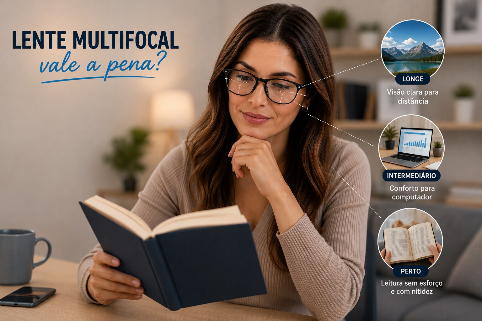 Mulher lendo um livro usando óculos com lente multifocal, com destaque para as zonas de visão longe, intermediária e perto