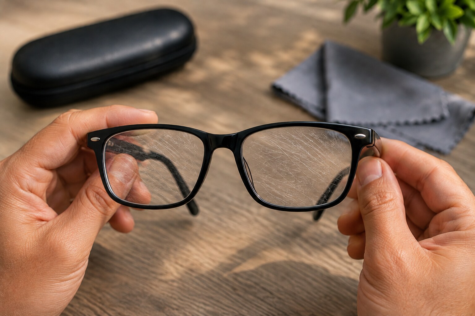 Óculos com a lente visivelmente riscada, seguro nas mãos