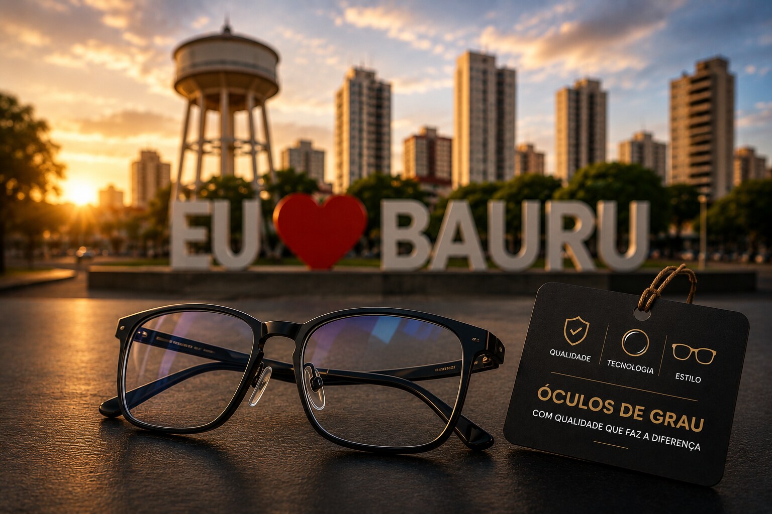 Armação de óculos com etiqueta de qualidade, tecnologia e estilo, e o letreiro Eu Amo Bauru ao fundo