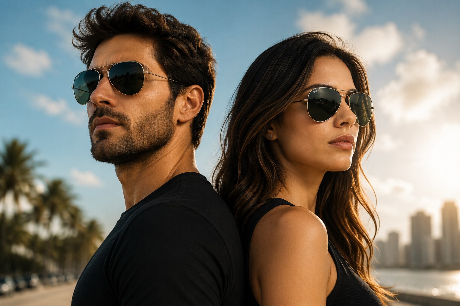 Casal usando óculos Ray-Ban aviador, de costas um para o outro, com a cidade ao fundo