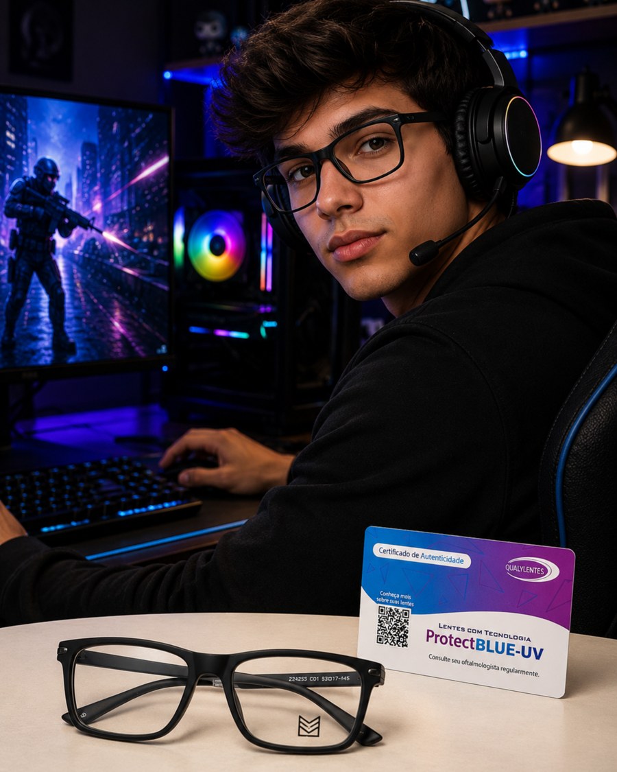 Armação Mix masculina preta quadrada com filtro de luz azul