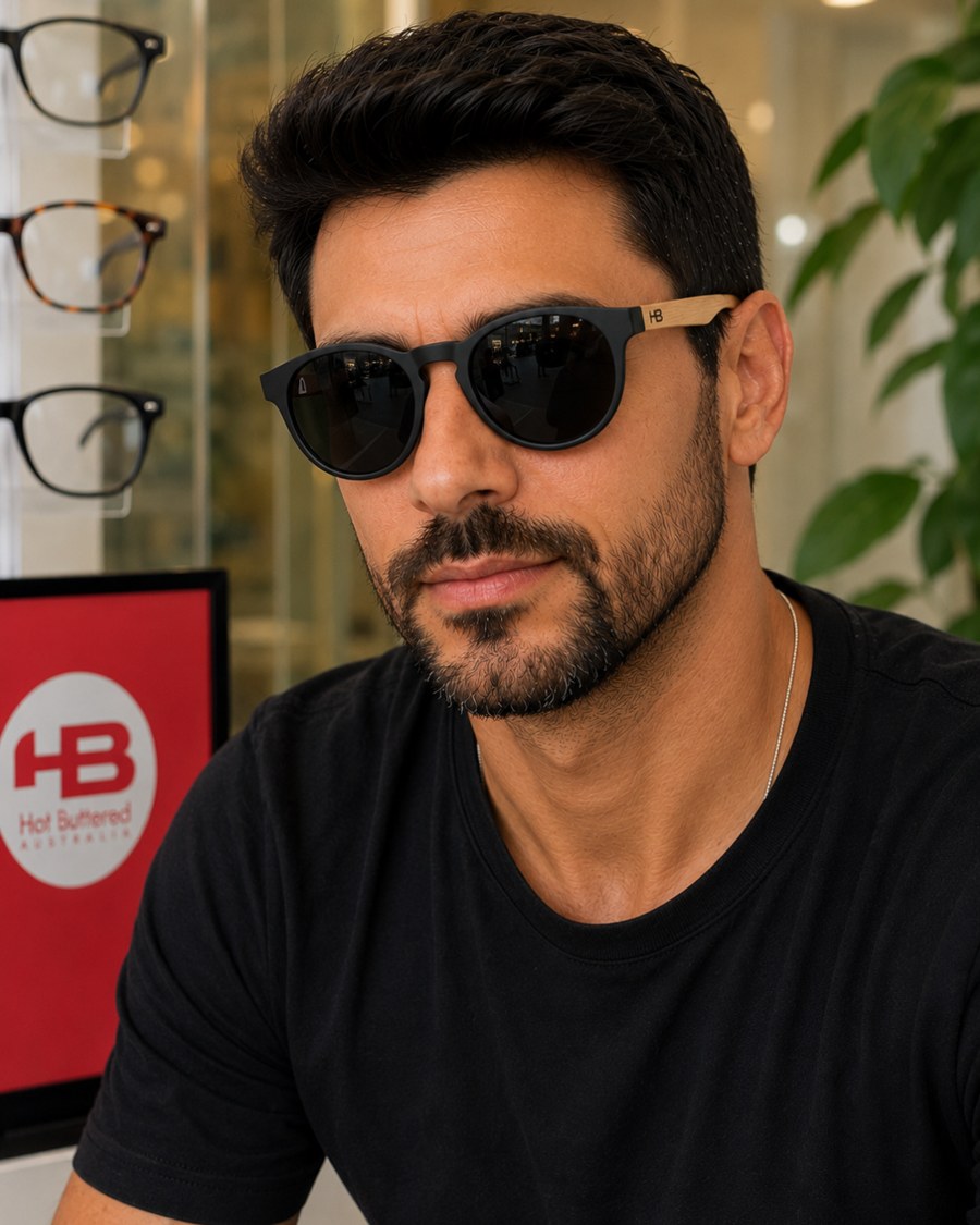 Óculos solar HB masculino redondo com haste de madeira